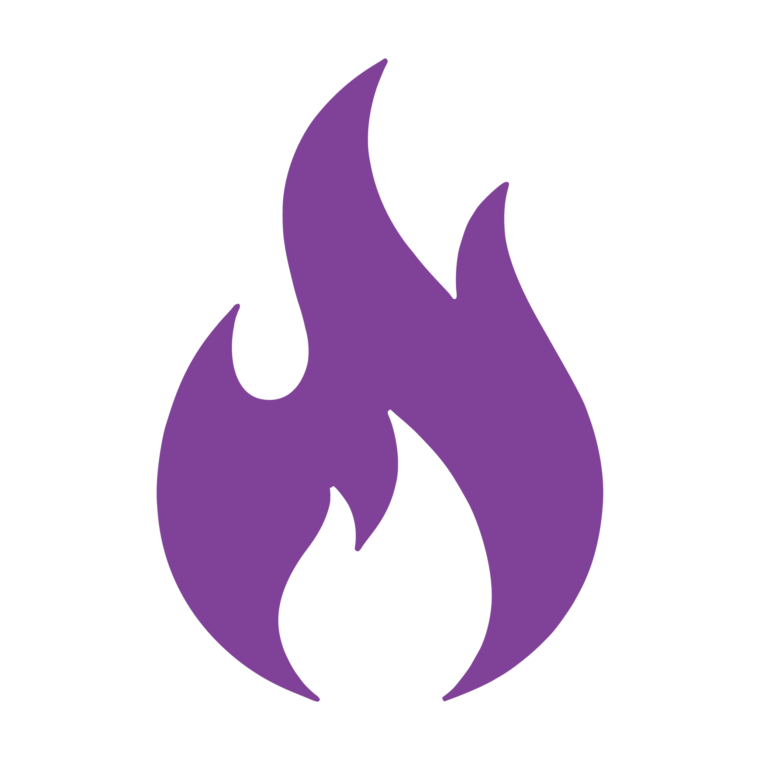 Purple abstract flame graphic on a black background.