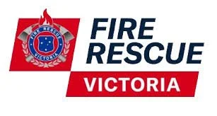 Logo of Fire Rescue Victoria, featuring a badge with a flame and firefighter emblem, and text in blue and red.