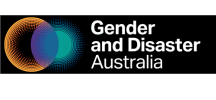 Logo for Gender and Disaster Australia, featuring a colorful globe icon with the organization's name.