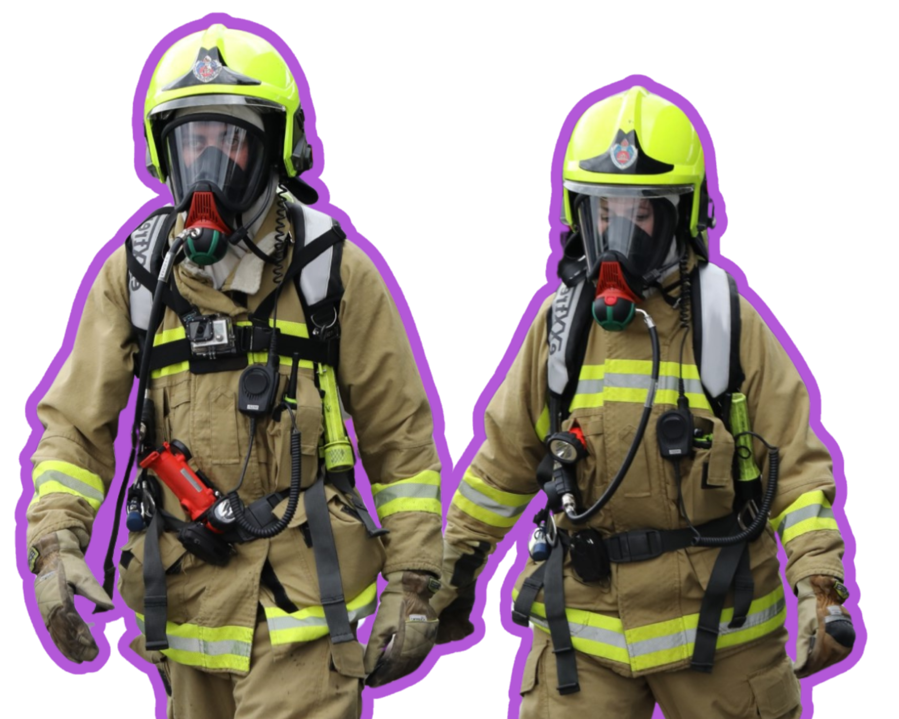Two firefighters wearing tan protective suits with reflective yellow stripes, helmets, masks, and gear, standing side by side against a colorful background.