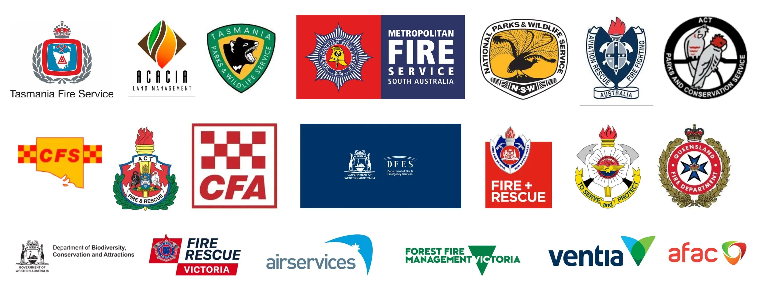 Collection of logos from various Australian fire and emergency services, wildlife and conservation organizations, and government agencies.