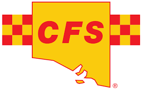 Logo of CFS with red and yellow checkerboard pattern and a yellow sign with red text 'CFS'