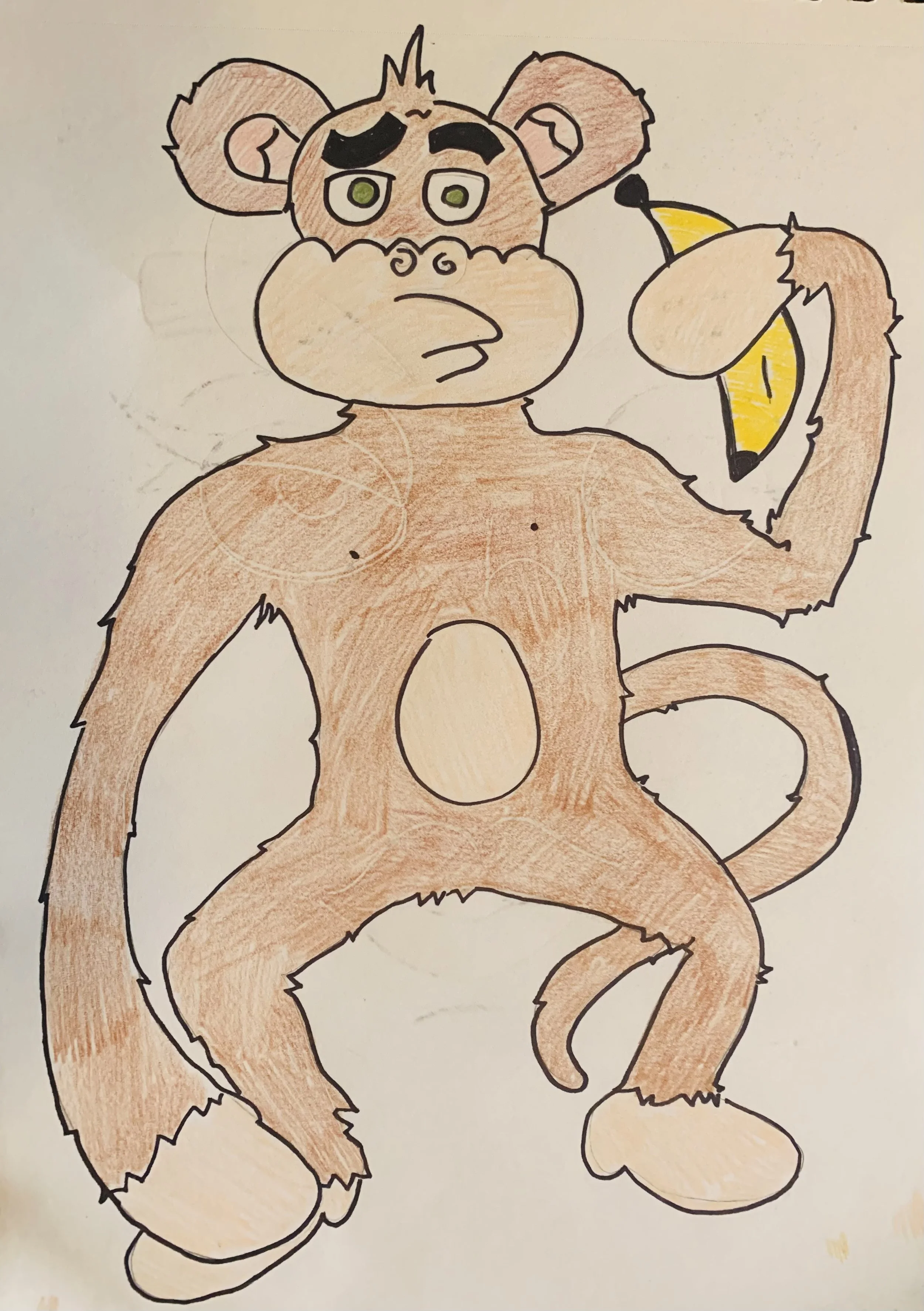 A hand-drawn cartoon of a lion standing upright with a monkey sitting on its head, both smiling.