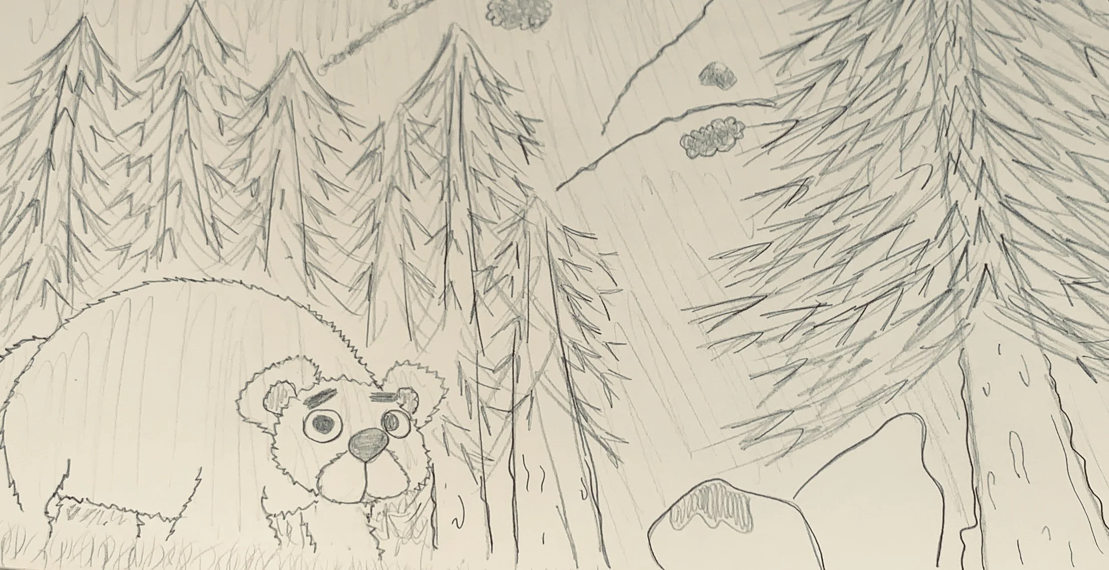 A wondrous forest landscape where a grizzly bear has just woken from hibernation.  Displayed in Honey Bear's ART Gallery, drawn by Jesus Fidel Avila III.