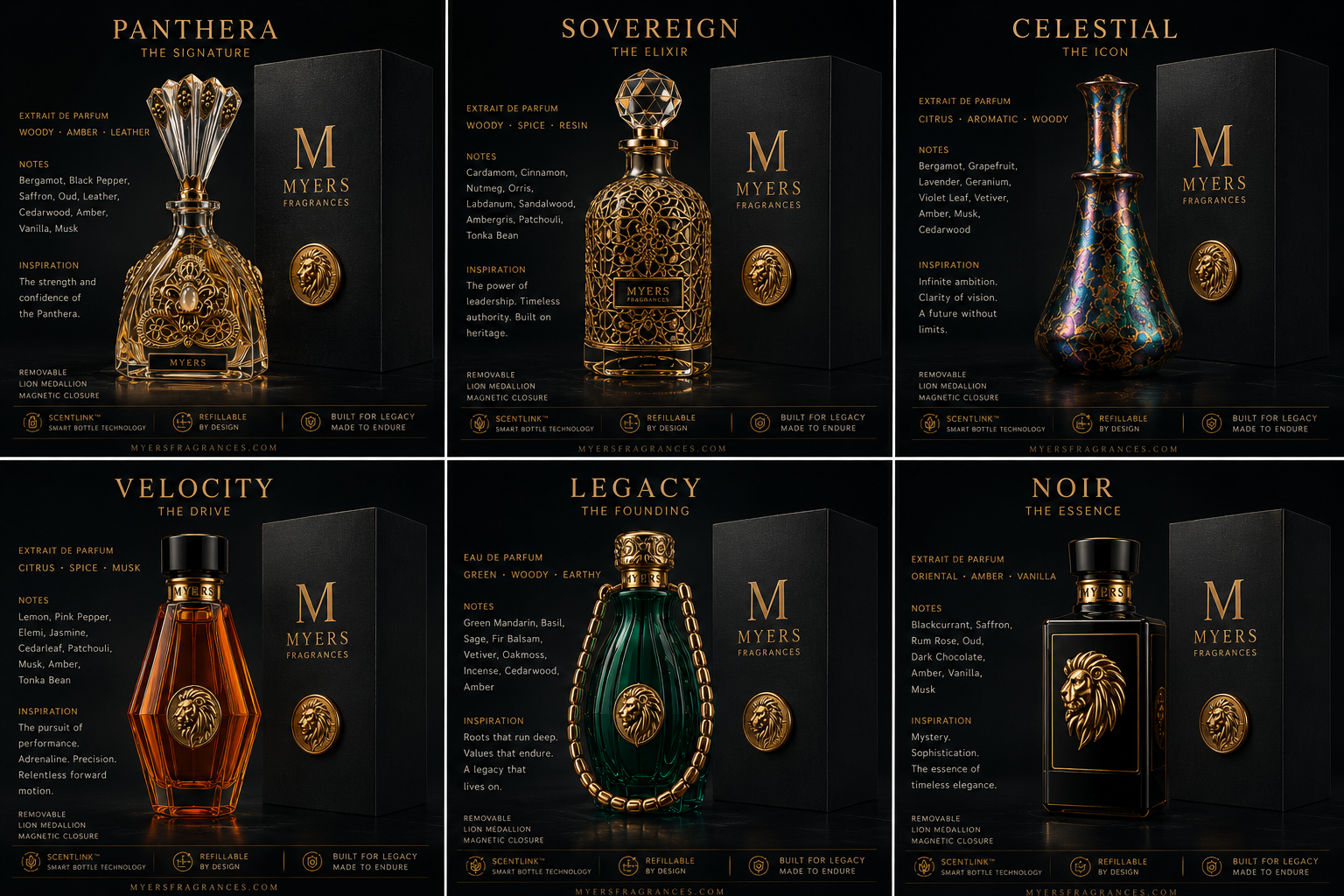 Six different perfume bottles and boxes from Myers Fragrances, each with unique designs and labels: Panthera, Sovereign, Celestial, Velocity, Legacy, and Noir, arranged in two rows of three. Each features a lion emblem and detailed descriptions of scent notes, inspiration, and technology.