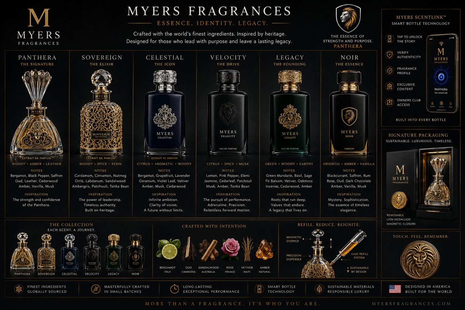 Image of Myers Fragrances perfume lineup featuring six scents: Panthera, Sovereign, Celestial, Velocity, Legacy, and Noir. Each bottle has detailed descriptions of notes, inspiration, collection, and crafted ingredients.