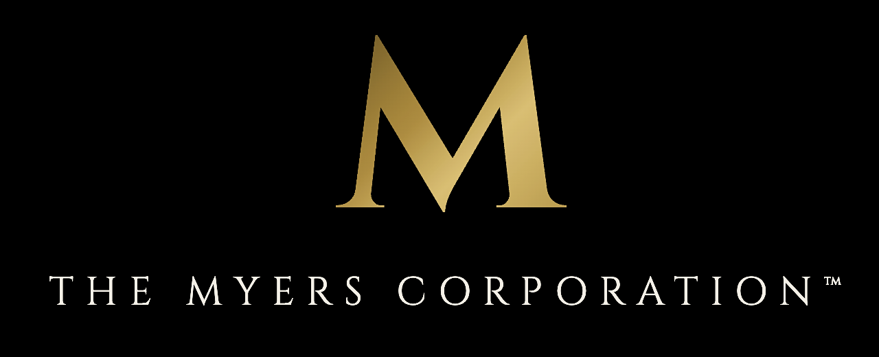 Black background with a large gold letter 'M' and the text 'The Myers Corporation' written below in white.