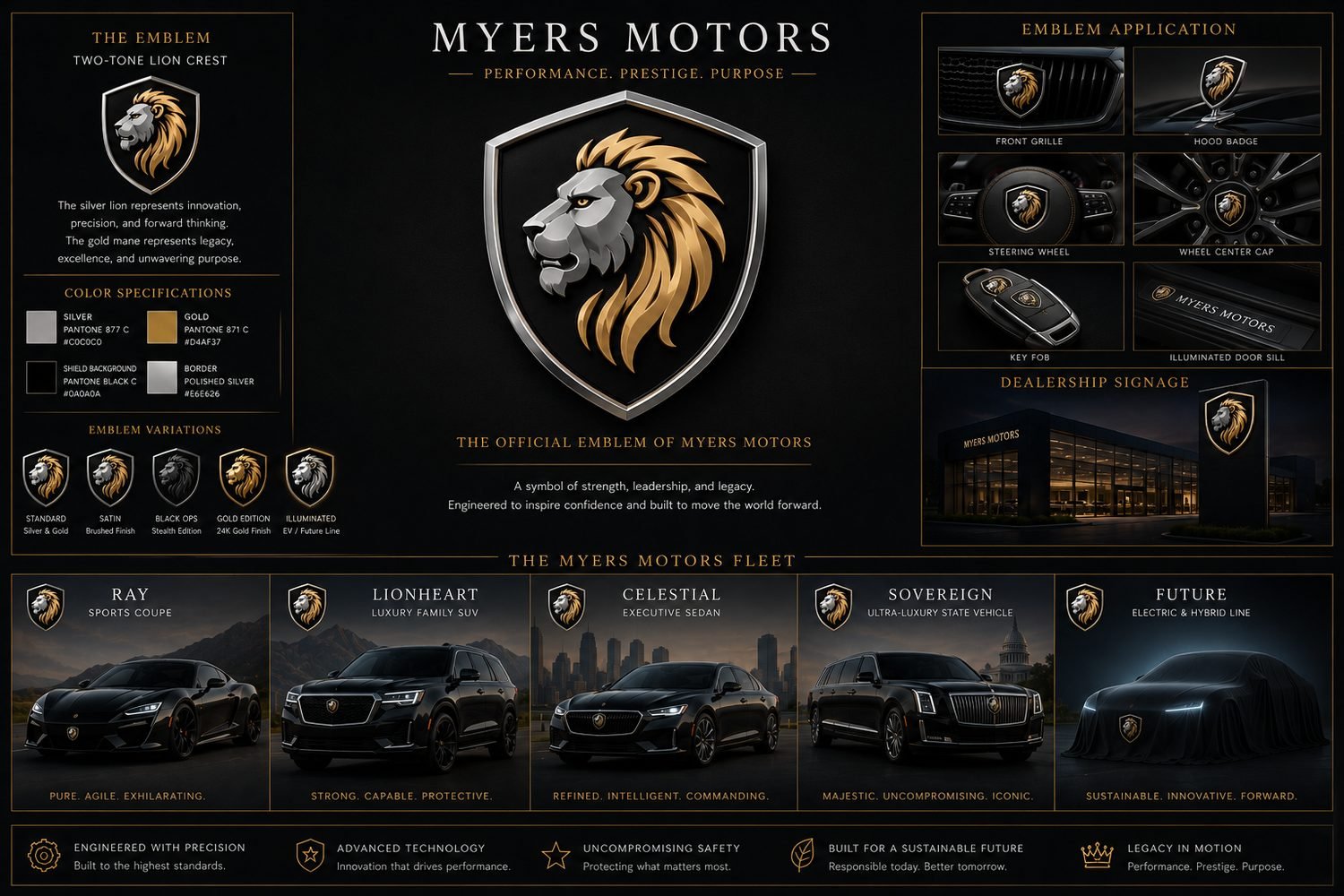Infographic detailing Myers Motors' emblem, vehicle lineup, and branding elements. It features a lion crest emblem, specifications, and variations, along with images of several car models including Ray, Lionheart, Celestial, Sovereign, and Future, each with descriptive words such as agile, capable, refined, majestic, and sustainable.