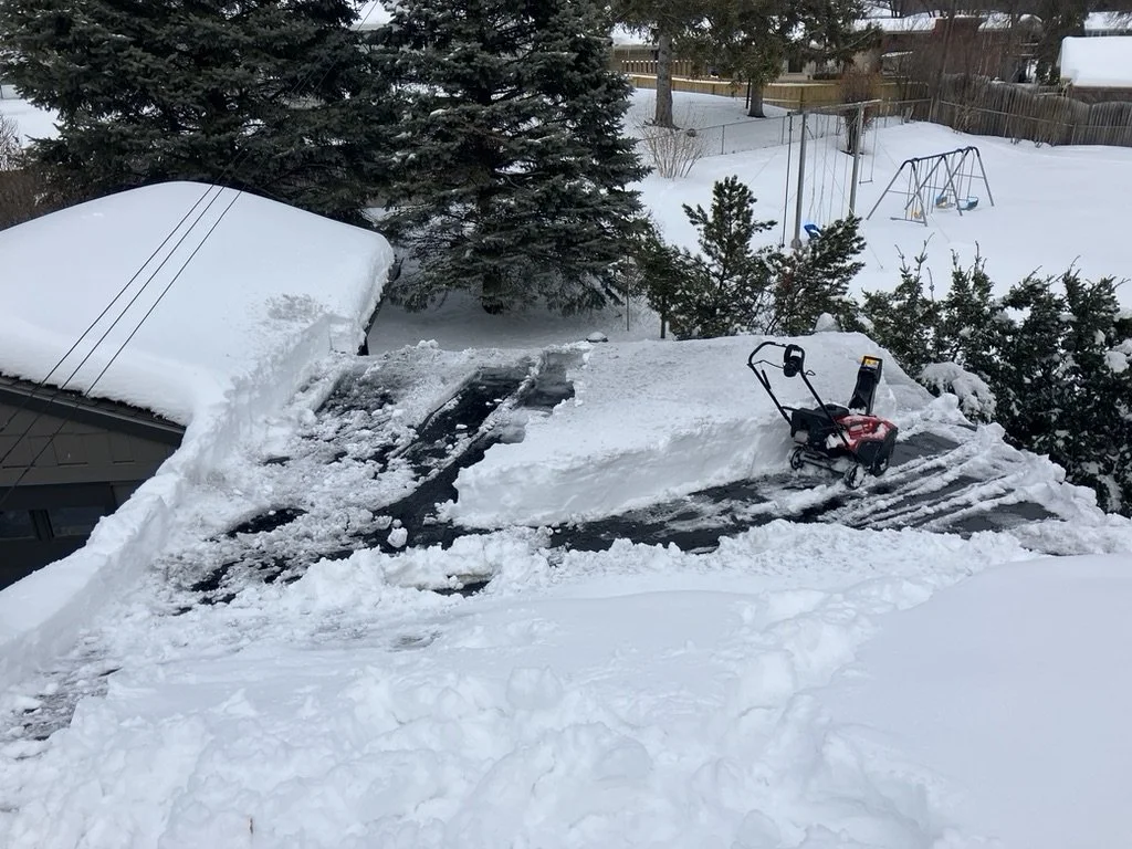 Snow-covered backyard with a snowblower on cleared driveway, snow-covered trees, swing set, and a snow-covered shed.
