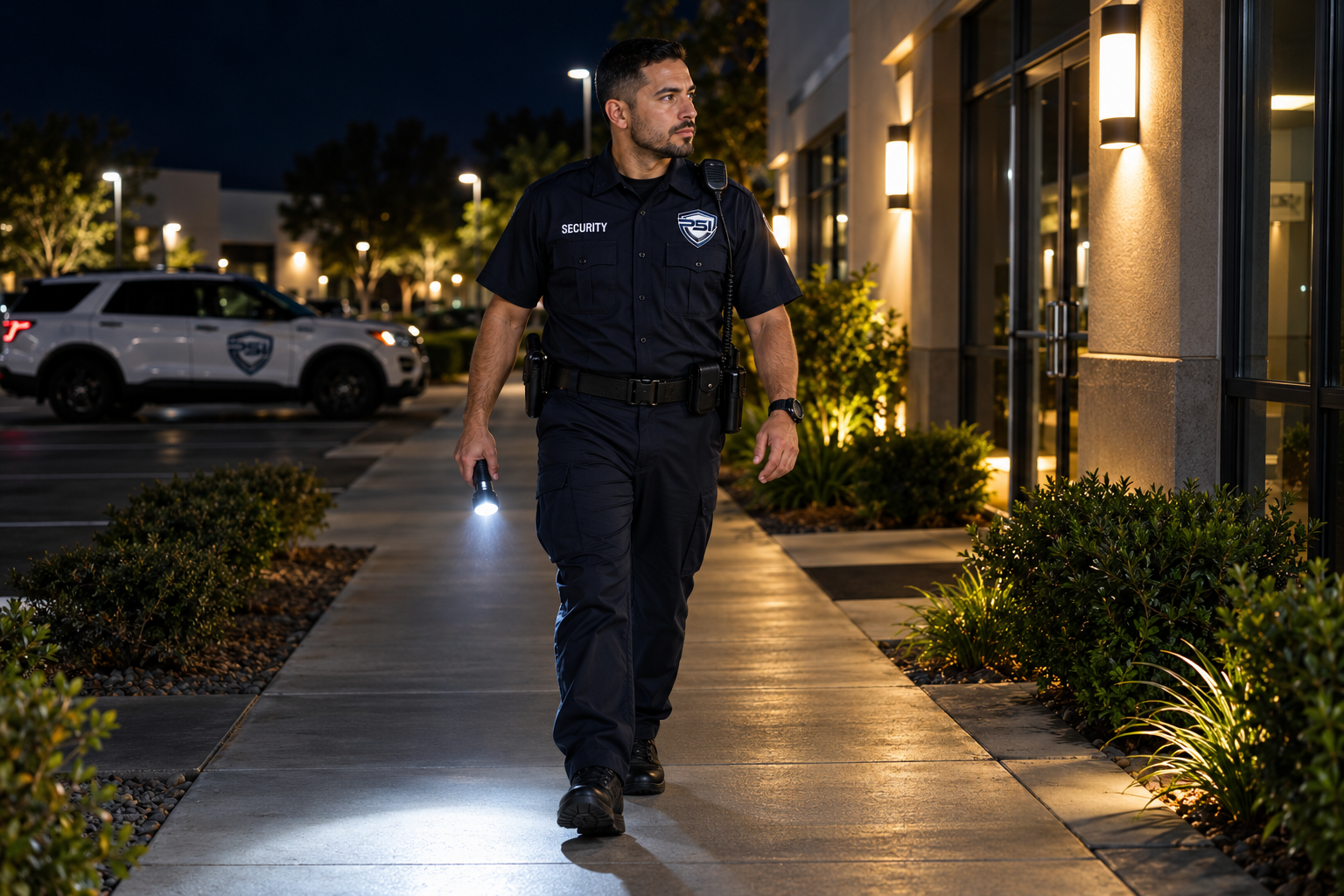 Security officer walking on sidewalk at night, holding flashlight, with police car parked in the background.