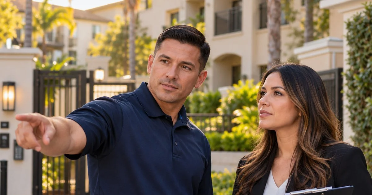 A man and woman standing outdoors in front of a building with a gate. The man is pointing to something in the distance, and the woman is holding a clipboard, looking in the same direction.