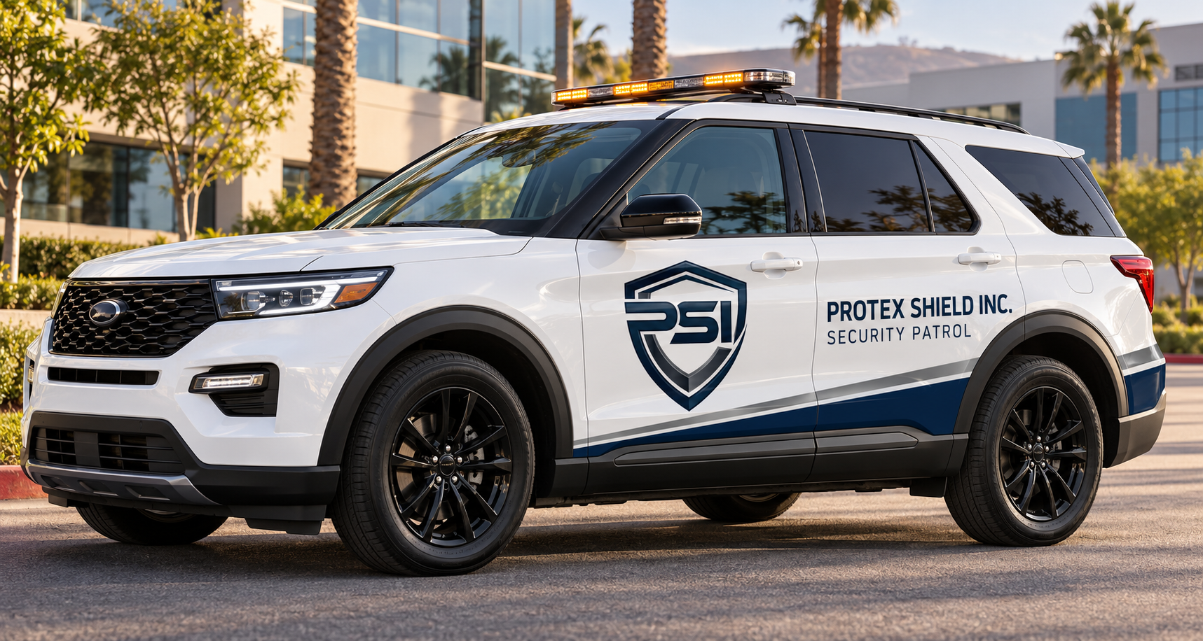 A white security patrol SUV with black wheels parked outdoors near trees and modern glass buildings. The vehicle has a large shield logo with the letters 'PSI' on the front door and the text 'PROTEX SHIELD INC. SECURITY PATROL' on the side.