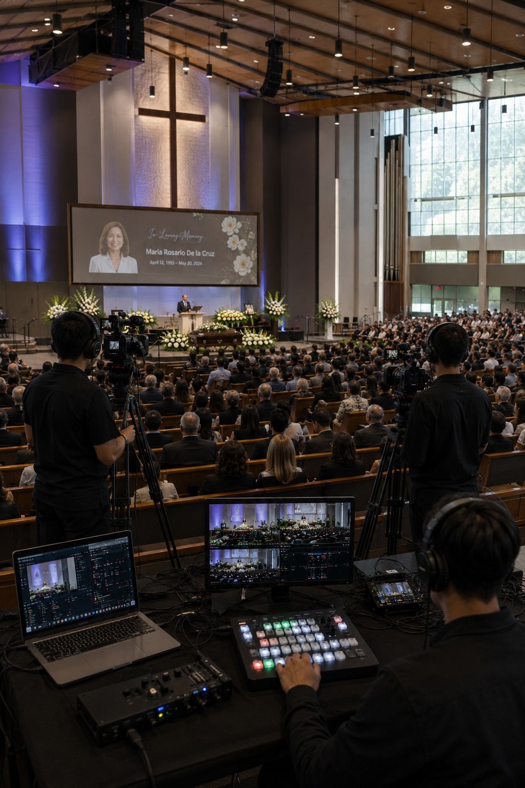 A large memorial service inside a church with a crowd of mourners. A large cross is illuminated on the wall behind the stage, which displays a memorial slide with a photo of Maria Rosario De La Cruz, along with her birth and death dates. The stage is decorated with flowers, and there are two cameramen filming the event while a technician operates sound and projection equipment at the front.