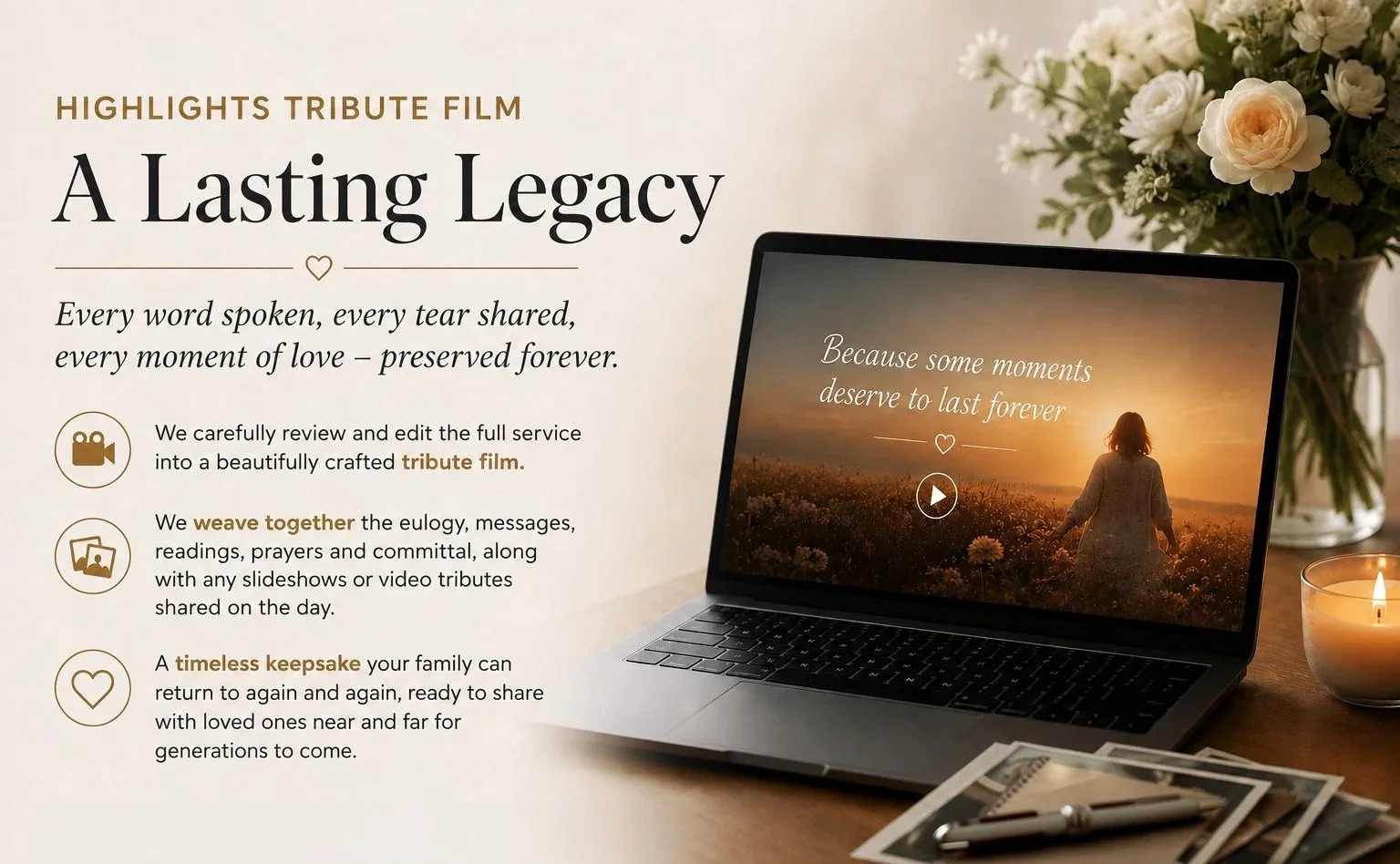 Advertisement for a tribute film service with a laptop displaying a sunset and a woman in a field, a vase of flowers, a lit candle, and a stack of photos with a pen.