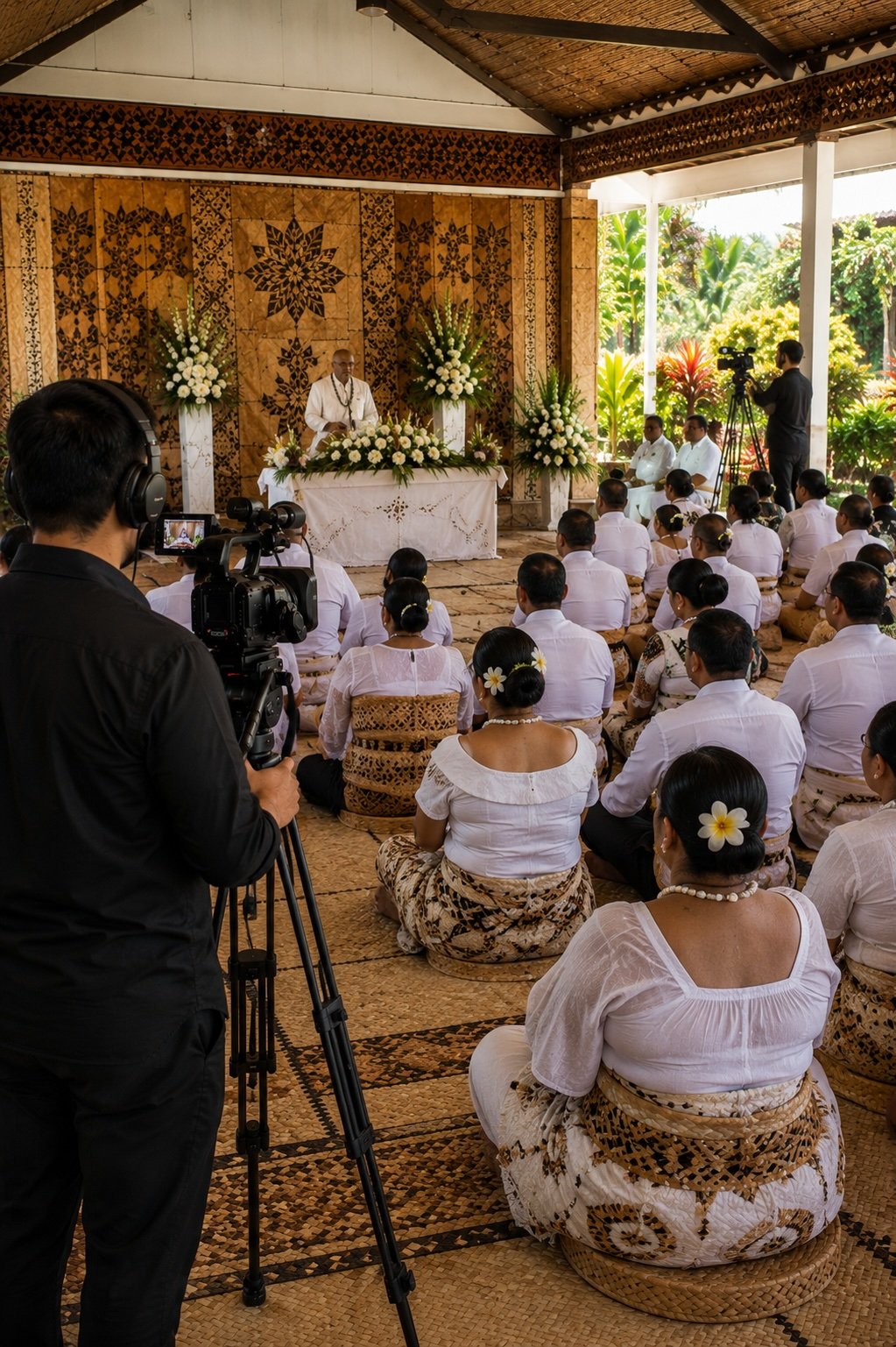 A traditional wedding or ceremony with people dressed in white sitting on woven mats, adorned with flower accessories, in a decorated open-air setting with tropical plants, a speaker or officiant at the front, surrounded by floral arrangements.