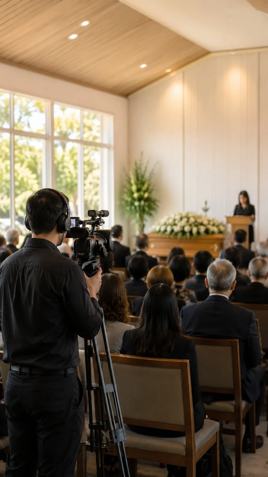 A person operating a professional video camera records a woman speaking at a podium during a funeral service, with a crowd seated in the background.