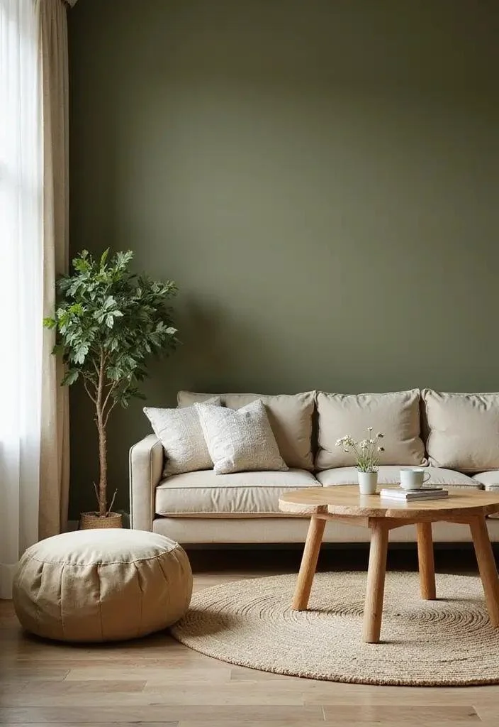 Warm, inviting therapy office with a comfortable beige couch and calming olive green wall.
