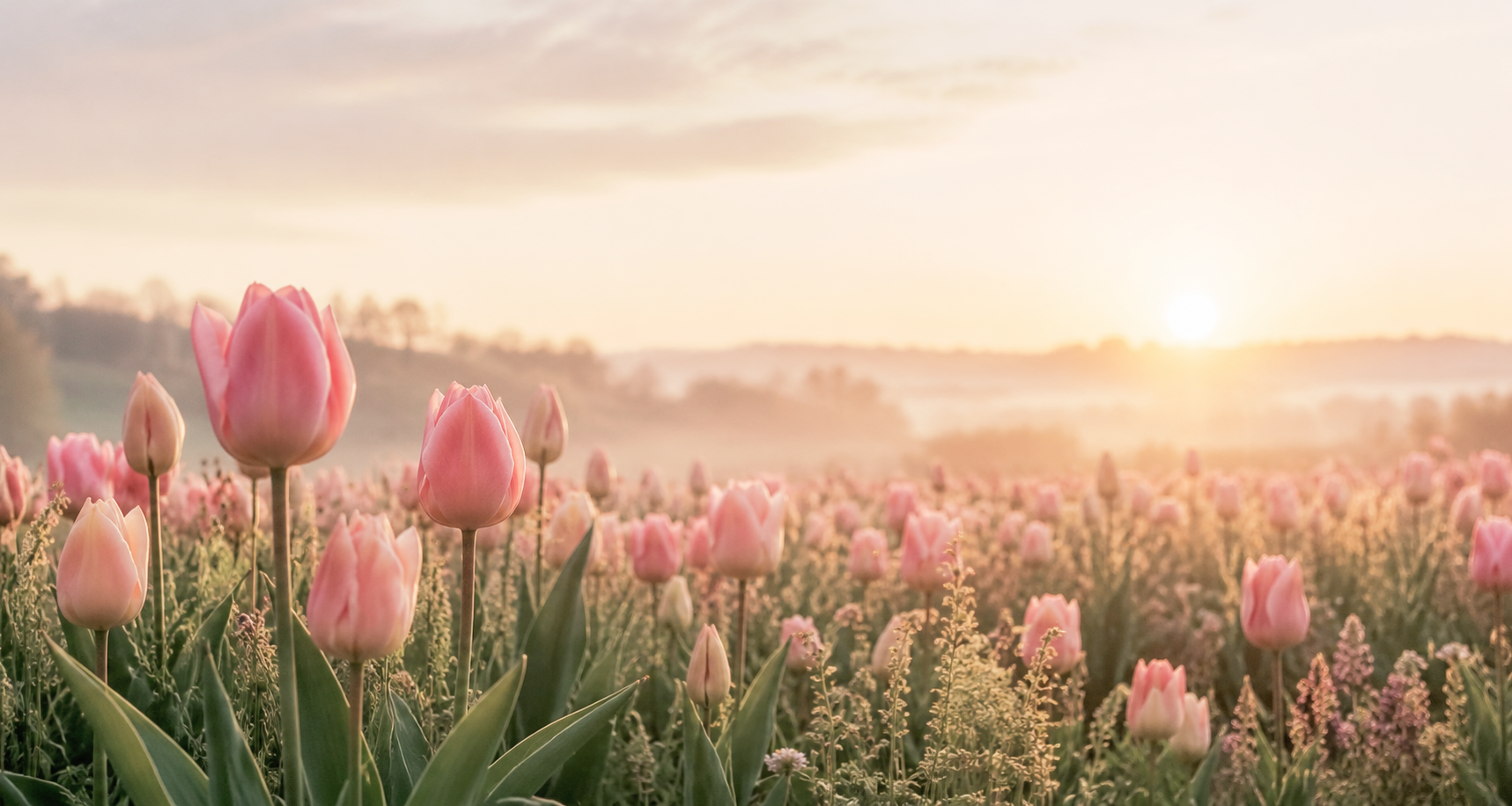 Field of soft pink tulips in soft morning light representing healing, growth, and hope.