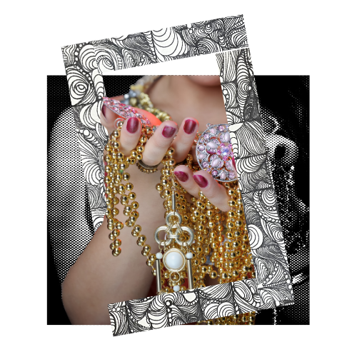 Break up the monotony: Close-up of a hand holding gold and pearl jewelry with pink nail polish, set against a patterned background.