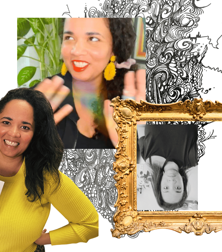 Writer Larissa Starr Lewis three times: two in color and one black-and-white, with abstract black and white line art backgrounds and ornate gold picture frames.