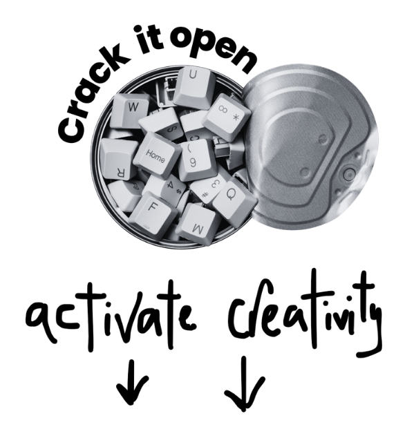 A round metal container with a lid filled with white computer keyboard keys, some with letters and numbers, spilling out. The instruction: Activate Creativity.