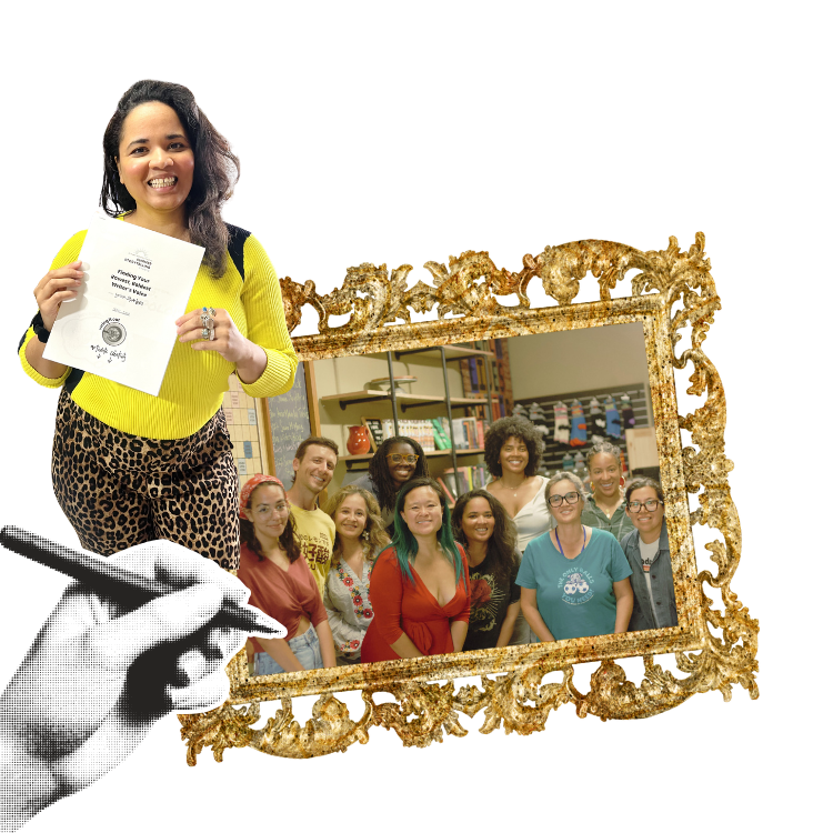 Group of writers smiling, gathered in Octavia's Bookshelf, with writer Larissa Starr Lewis in the foreground holding a writer's workshop workbook, and a hand in the bottom left corner drawing a picture frame around the group.