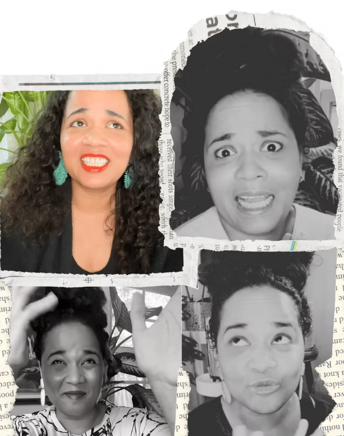 Collage of writer Larissa Starr Lewis wearing various facial reactions, two in black and white and two in color, with torn paper edges and text background.