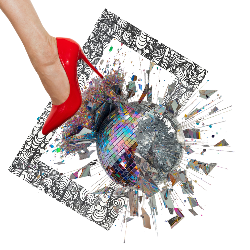 Smash things: A foot in a red high heel shoe stepping on a broken disco ball with colorful mirrors, on a black and white patterned background.