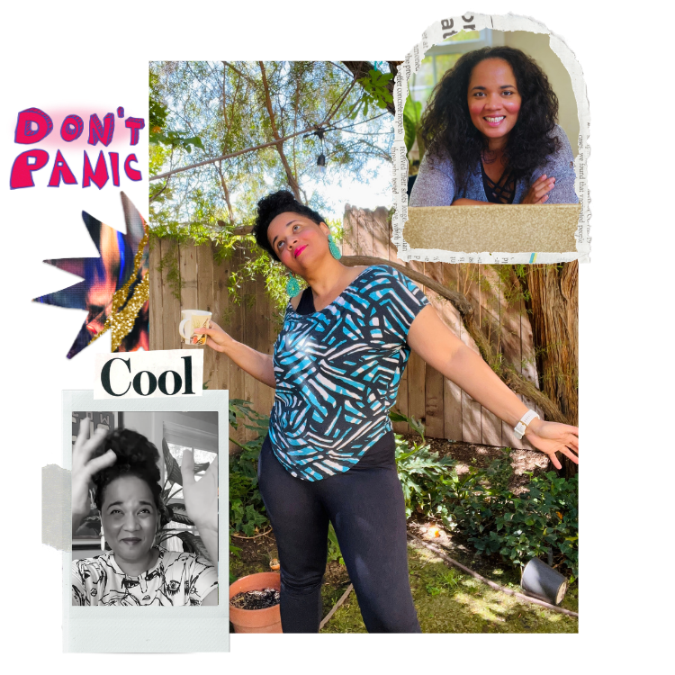 Larissa Starr Lewis blue in a black patterned shirt and dark pants standing outdoors in a garden, holding a white cup, surrounded by colorful photos and graphic elements including the words "DON'T PANIC.”