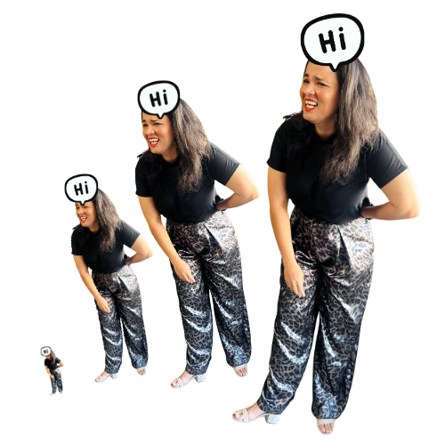 A woman laughing, wearing a black t-shirt and leopard print pants, with a speech bubble that says 'Hi'.