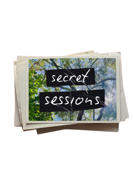 Stack of photographs with a background of trees and sky, labeled 'secret sessions' in black and white handwriting.