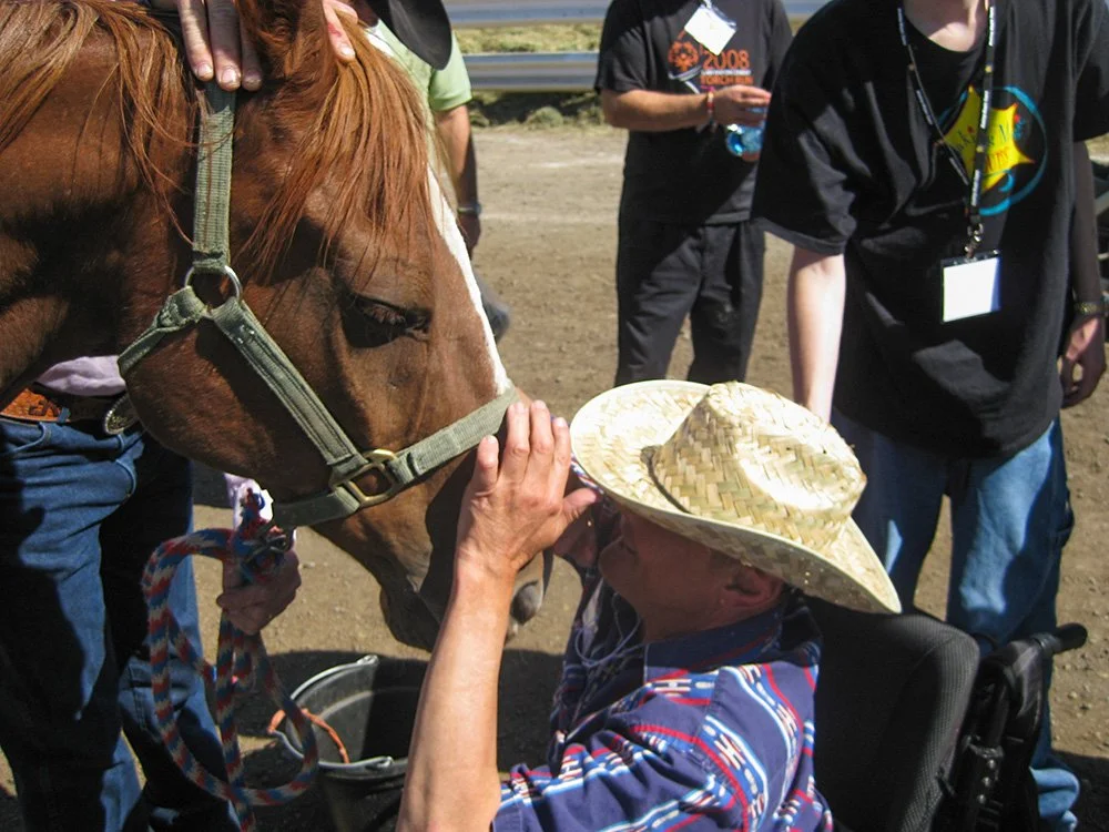 An elderly man in a wheelchair wearing a large straw hat, touching noses with a brown horse in an outdoor setting, with several people standing nearby.