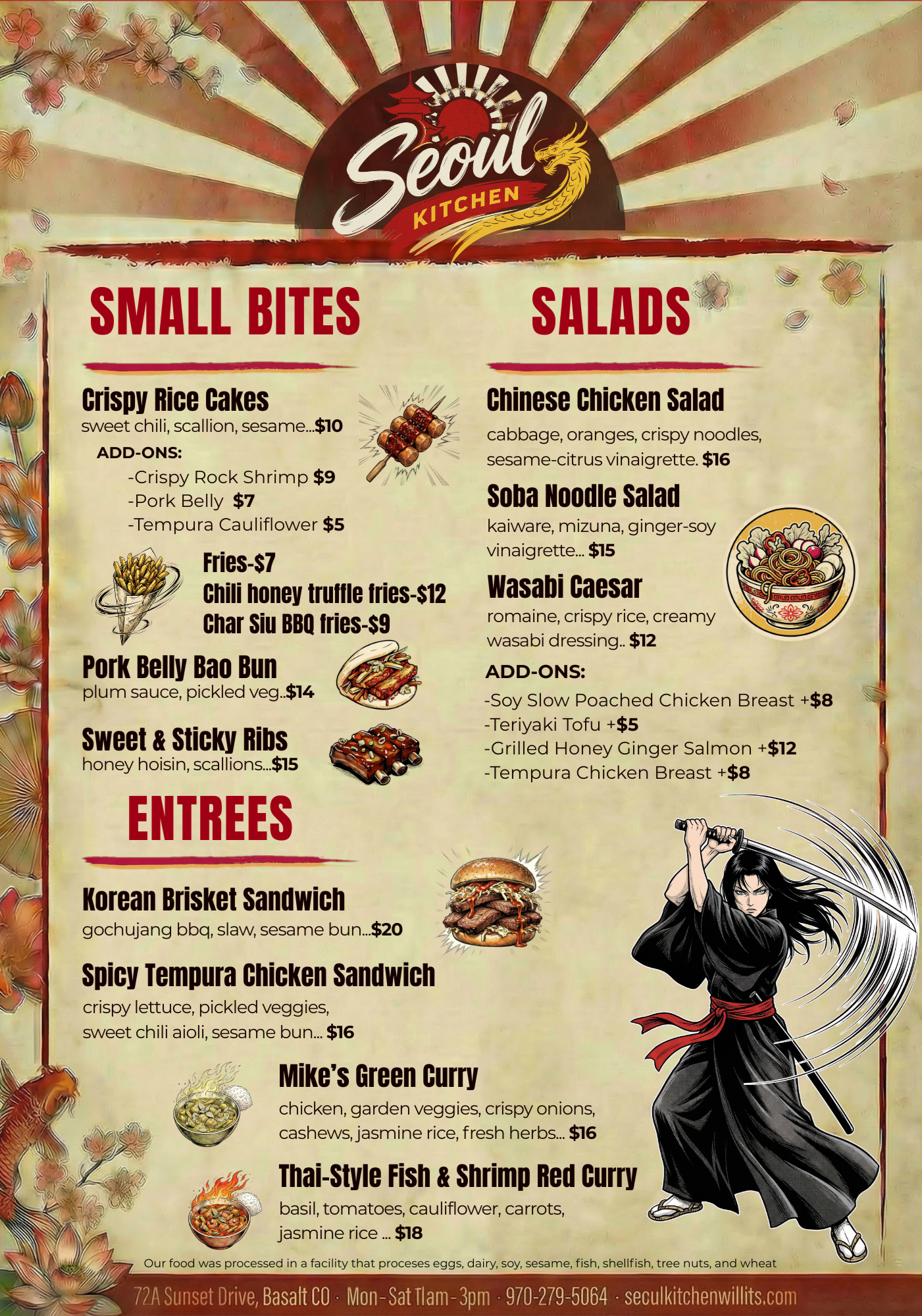 Menu from Seoul Kitchen restaurant featuring small bites such as crispy rice cakes with various add-ons, and salads including Chinese chicken salad, soba noodle salad, wasabi Caesar, and more. The menu also includes images of food items like rice cakes, fries, and a burger, and has a decorative background with floral and Asian-inspired design elements.