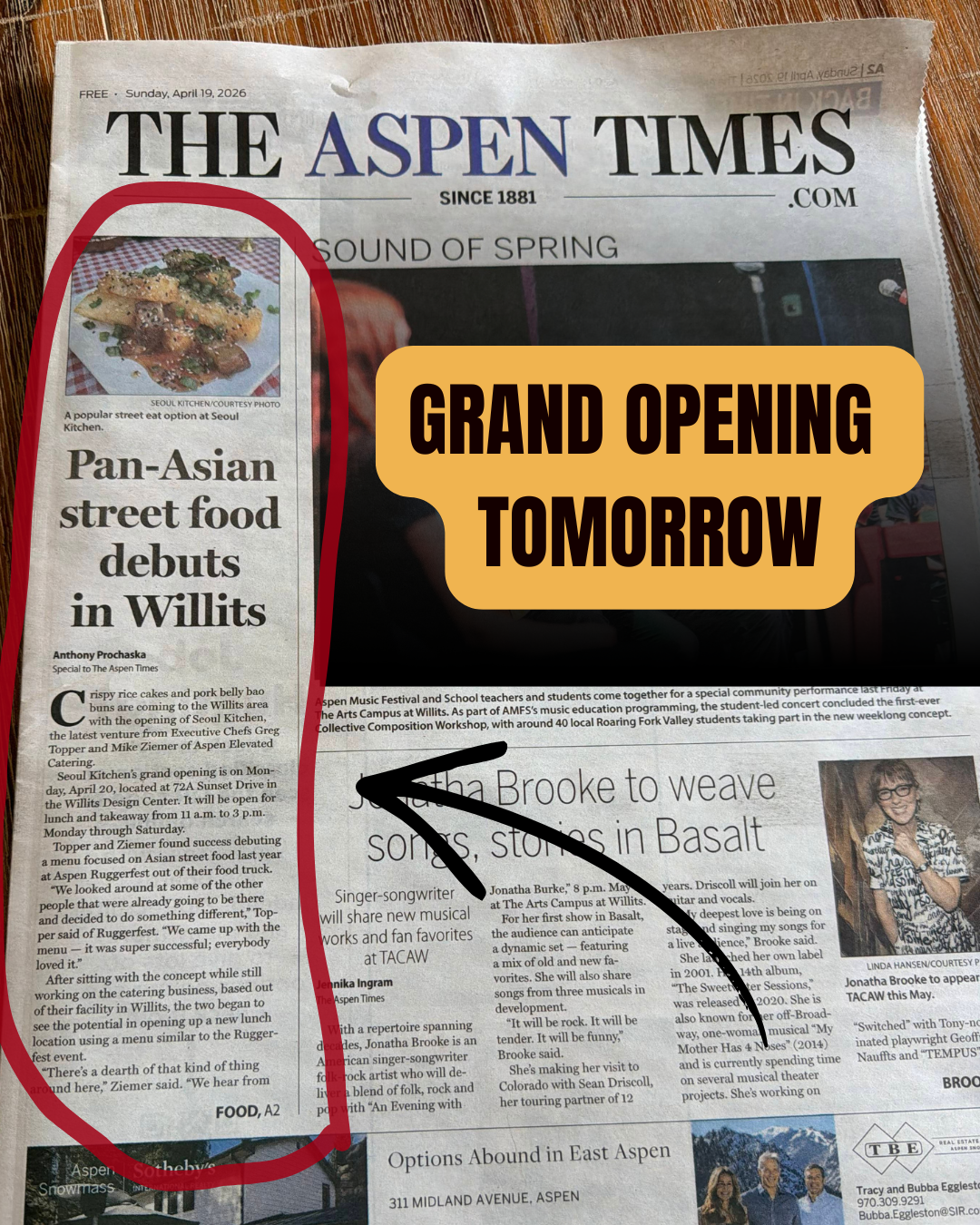 A front page of a newspaper titled 'The Aspen Times' dated Sunday, April 19, 2026, with a large yellow overlay stating 'Grand Opening Tomorrow'. There is a small photo of a dish with food and a red outline around an article about Pan-Asian street food debuting in Willits.