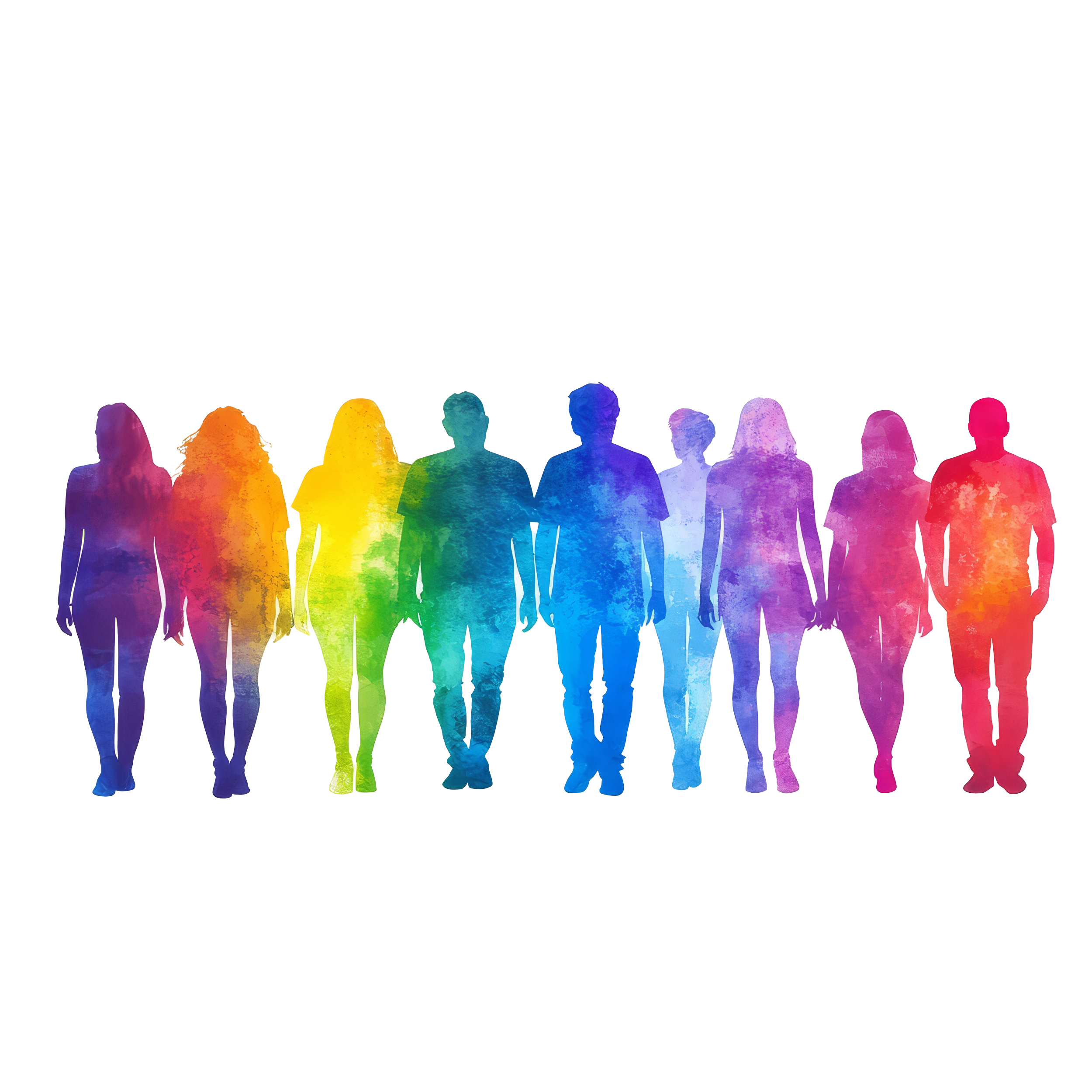 Colorful silhouettes of diverse people standing in a row, created with watercolor effects.