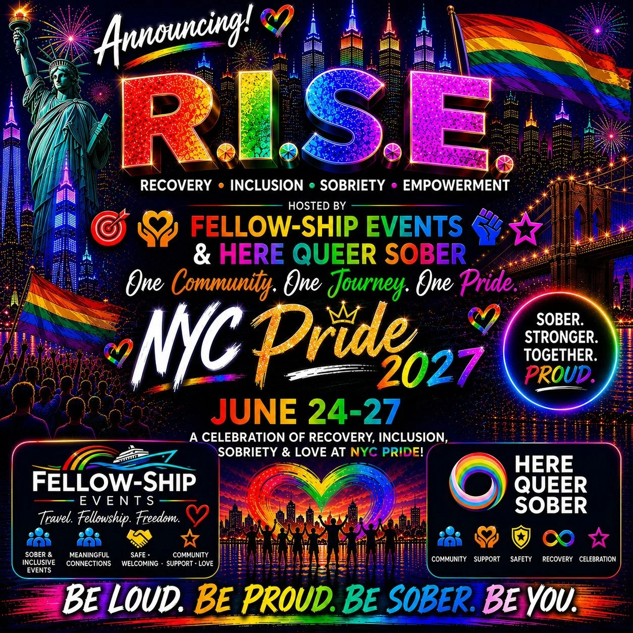 Celebration poster for NYC Pride 2022 with colorful skyline, fireworks, Rainbow flags, and diverse crowd, promoting recovery, inclusion, sobriety, and pride from June 24 to 27.