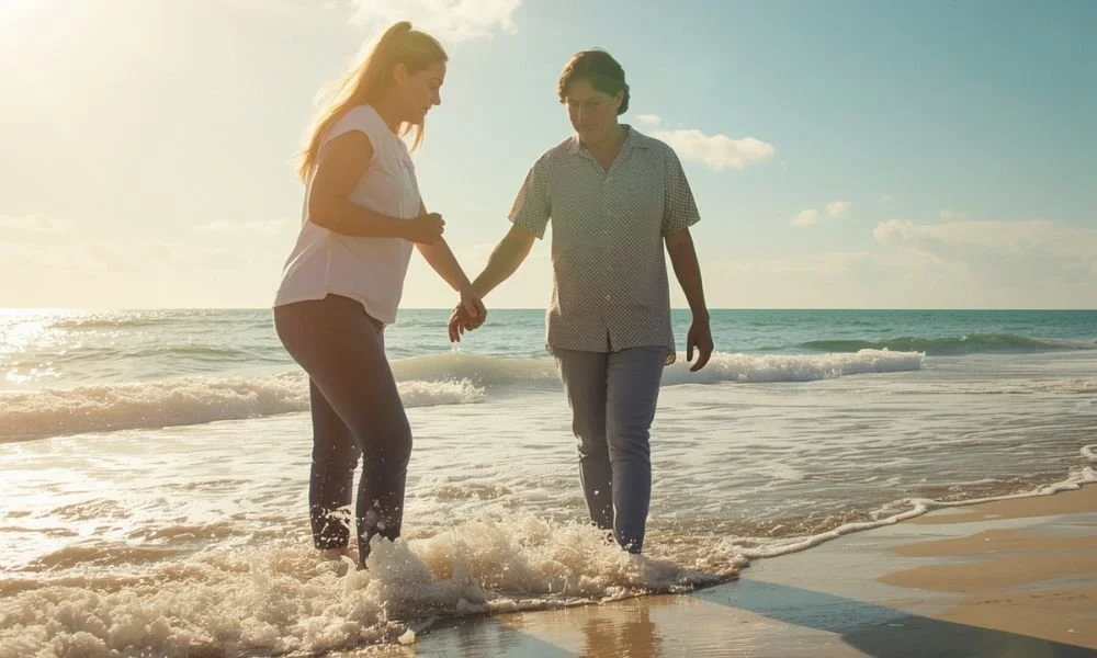 A woman and a man holding hands while walking in shallow ocean water on a beach during sunset.
