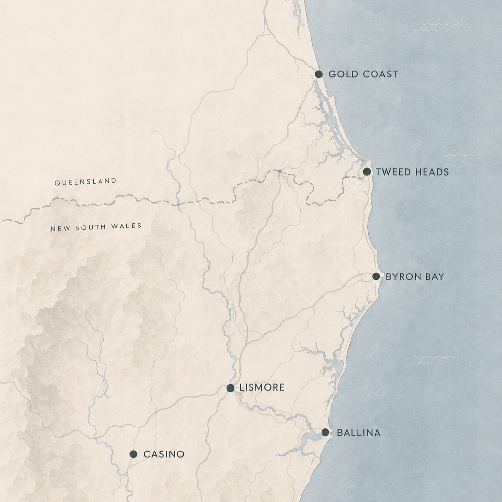 Map of eastern Queensland, Australia, showing locations including Gold Coast, Tweed Heads, Byron Bay, Lismore, Casino, and Ballina along the coast and rivers.