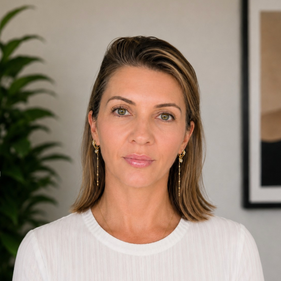 Close-up of a woman with shoulder-length brown hair, light makeup, wearing a white top and gold earrings, standing indoors with a plant and framed artwork in the background.