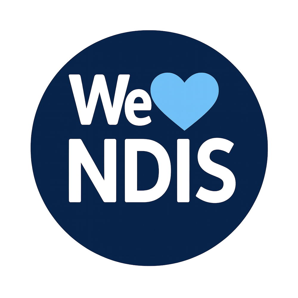 Blue circular badge with the text "We ♥ NDIS" in black and light blue, supporting the National Disability Insurance Scheme.