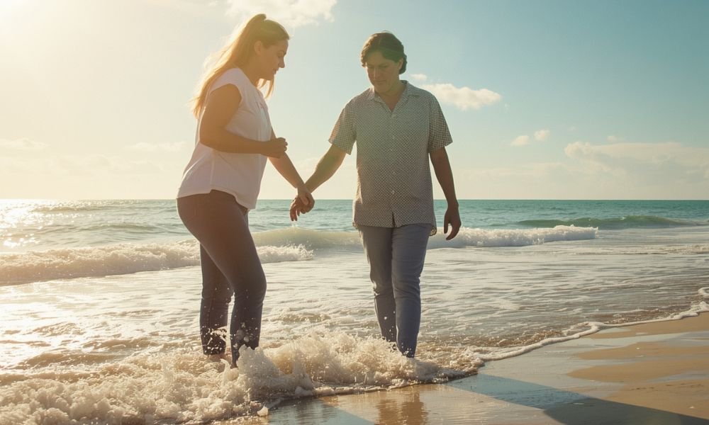 Two people holding hands and walking in shallow ocean water at the beach during sunrise or sunset.