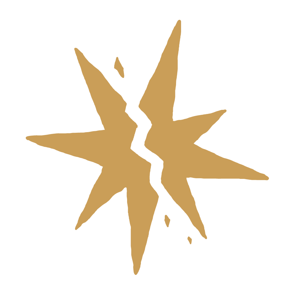 A jagged, star-shaped splash in gold or tan color.