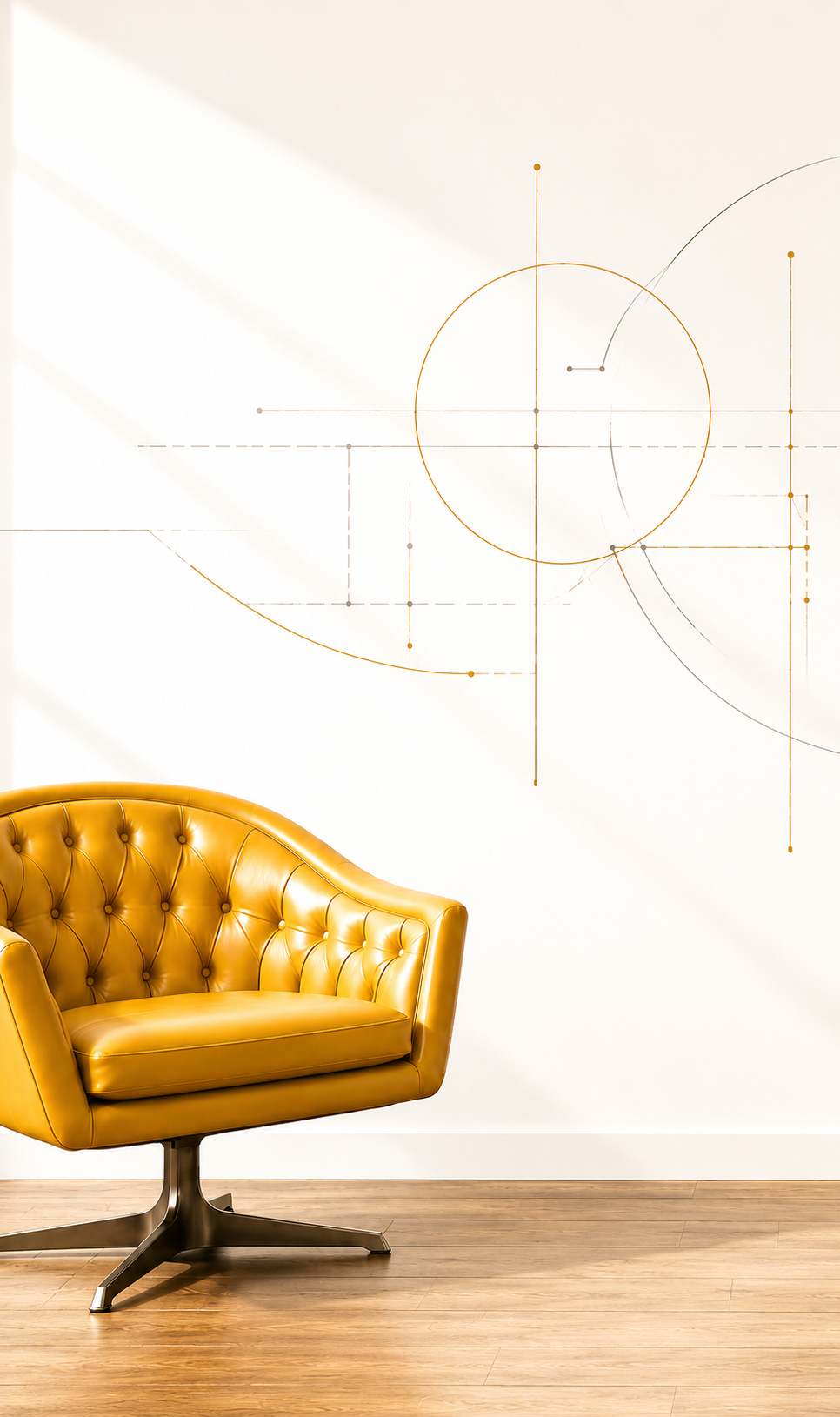 Modern yellow tufted lounge chair in front of a white wall with geometric line art.
