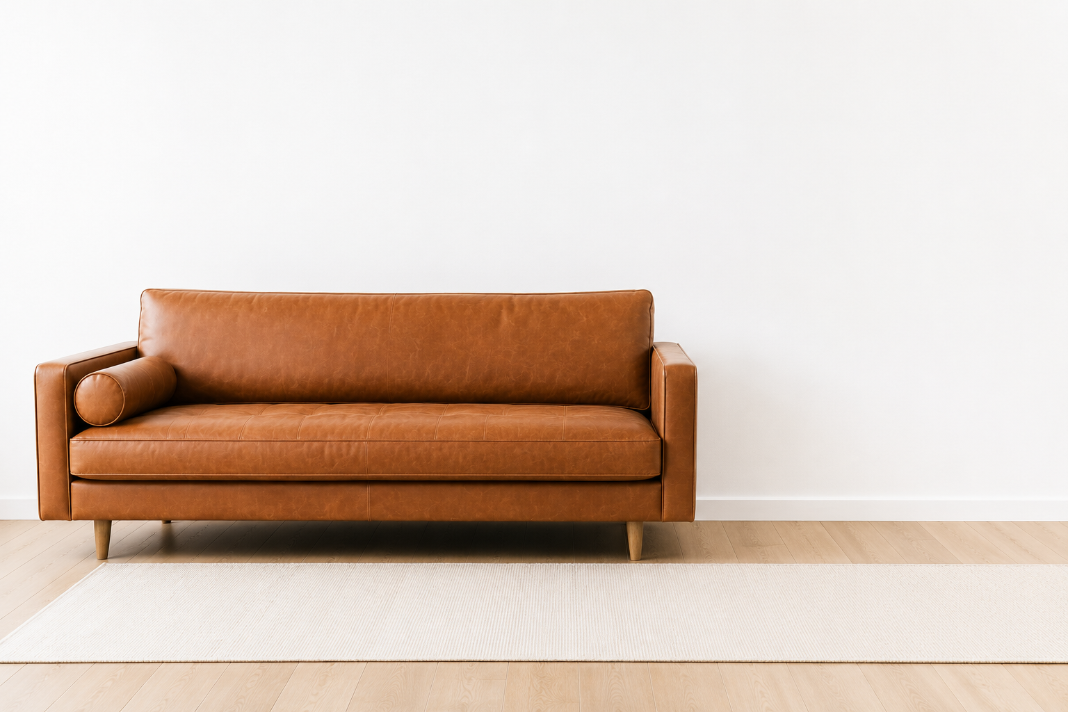 A brown leather sofa with a cylindrical bolster pillow on the left side, placed against a plain white wall, on a light wood floor with a cream-colored rug in front.
