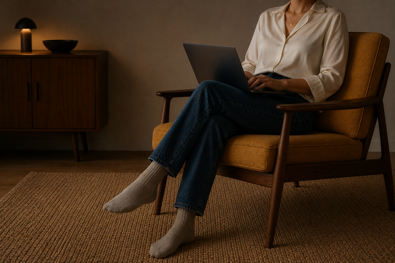Person sitting in a wooden armchair, working on a laptop, in a cozy room with warm lighting, a sideboard with a lamp and bowl in the background.