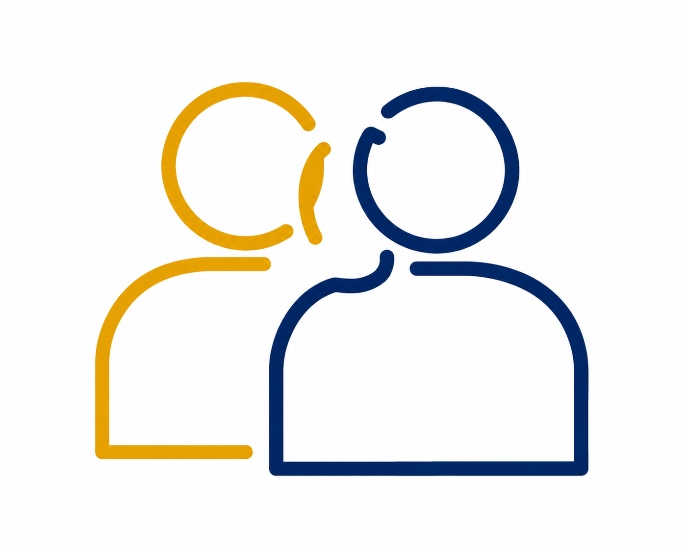 Outline drawing of two people, one in yellow and the other in blue, facing each other with the yellow person whispering into the blue person's ear.