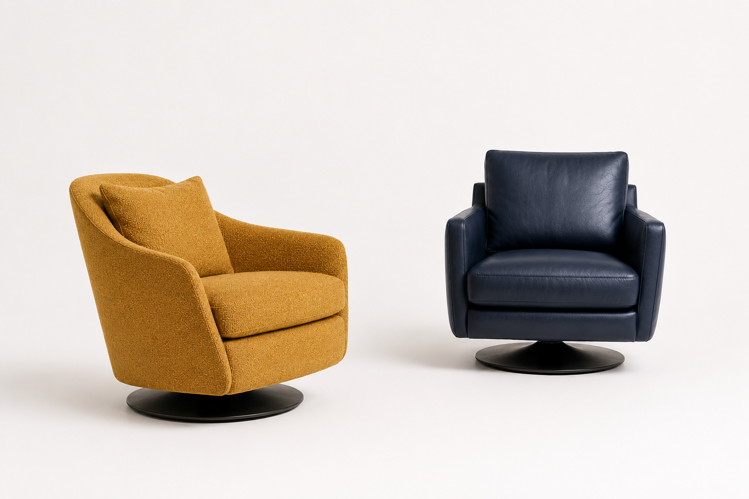 Two armchairs, one yellow fabric and one dark blue leather, positioned on a plain white background.