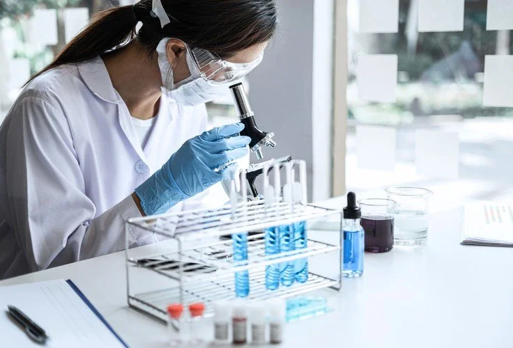 A scientist conducting experiments in a laboratory, looking through a microscope, with test tubes and lab equipment on the table.