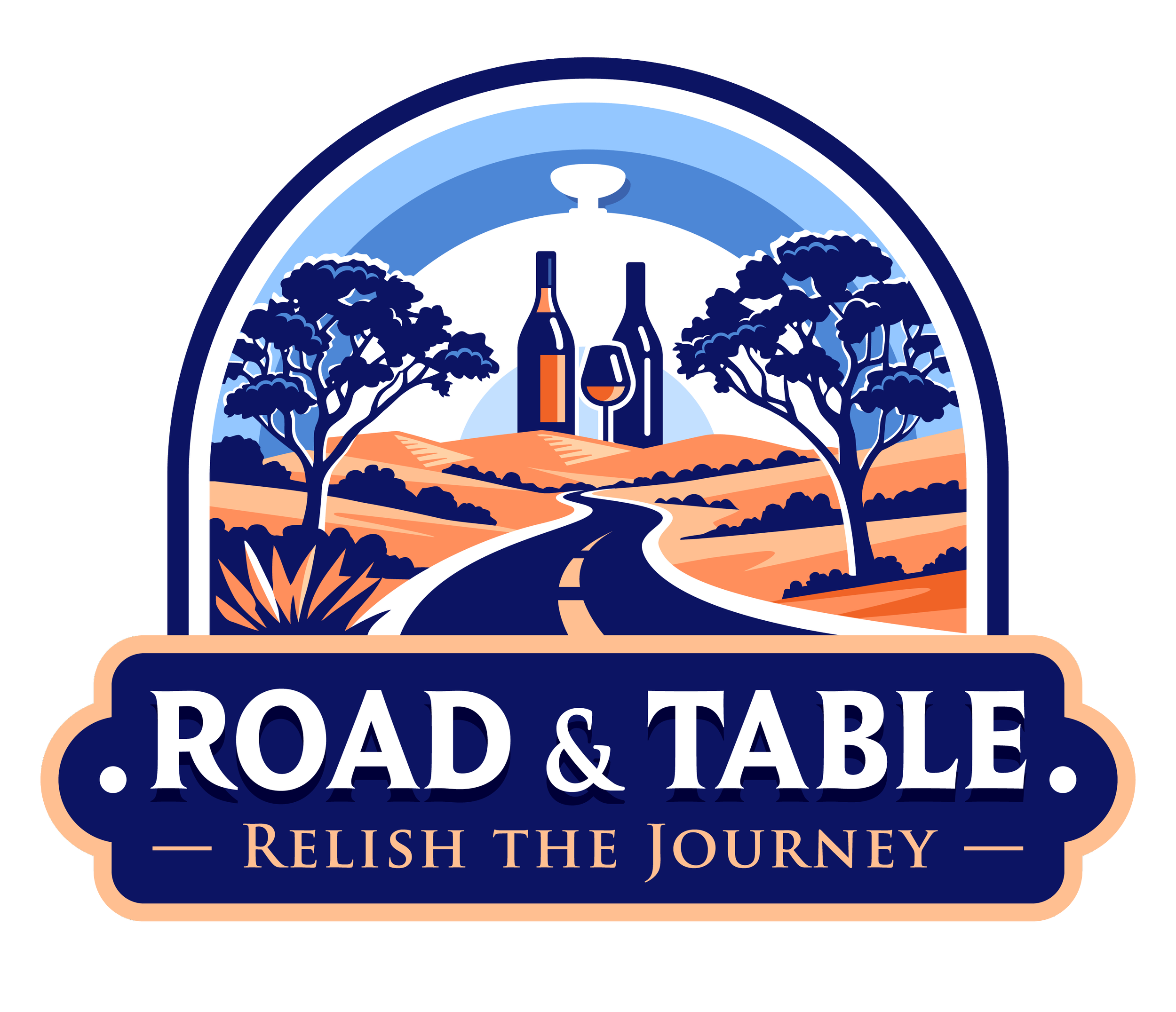 A decorative sign with the words 'Road & Table' and 'Deluxe' below, featuring a scenic landscape illustration of rolling hills, trees, a winding road, and two bottles with a glass, all within a circular frame.