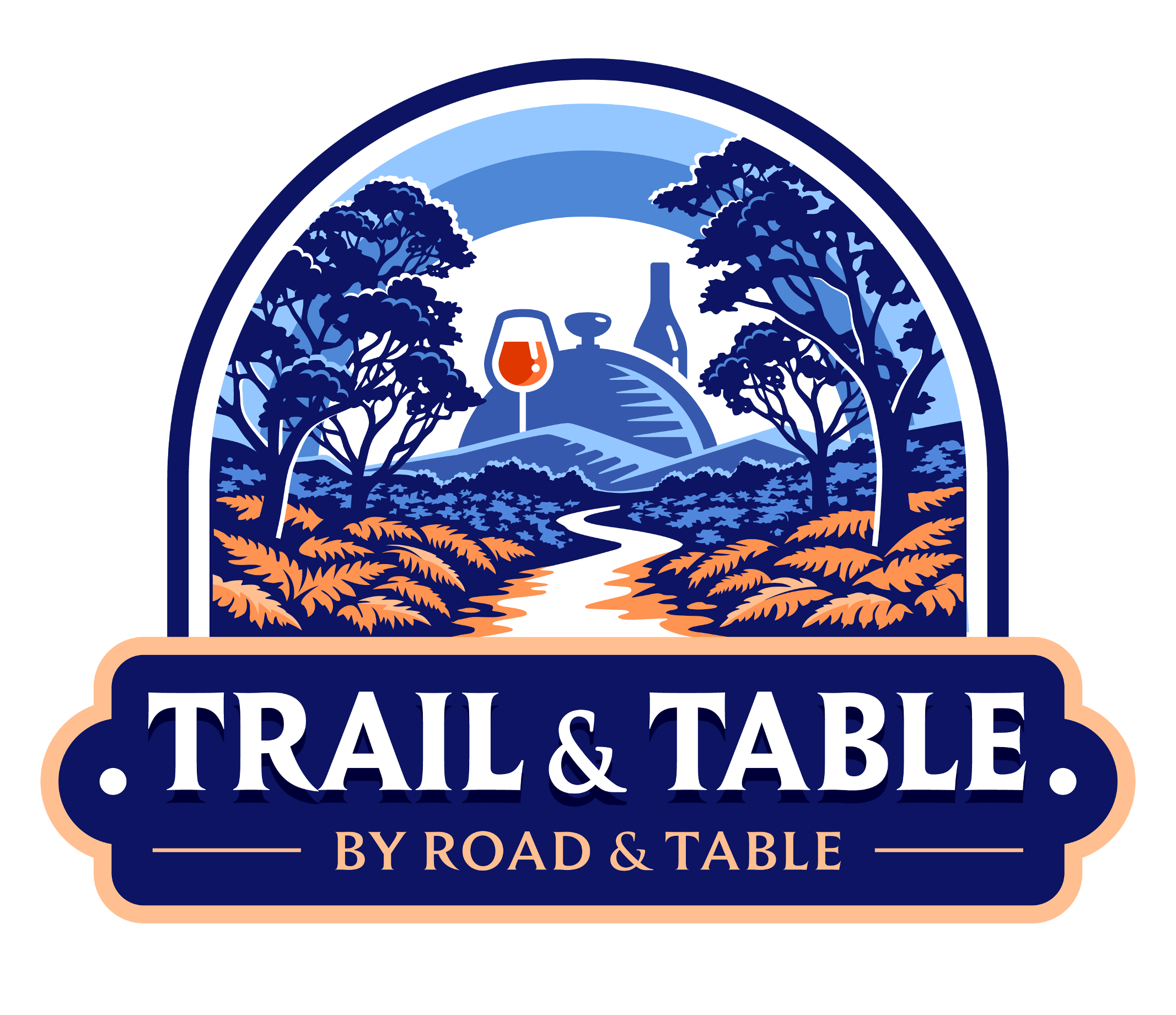 A logo for Trail & Table by Road & Table featuring a scenic illustration with trees, a winding path, a glass of red wine, and a stylised table in the background.